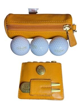 Coach Women’s Golf Ball Case Pebble Leather Orange Spice with Balls & Tees
